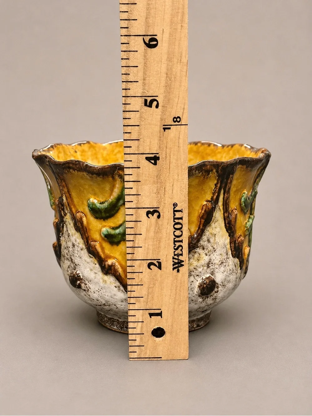 Vintage Art Pottery Planter Signed Italy Mustard Yellow Green Sculptural Ceramic